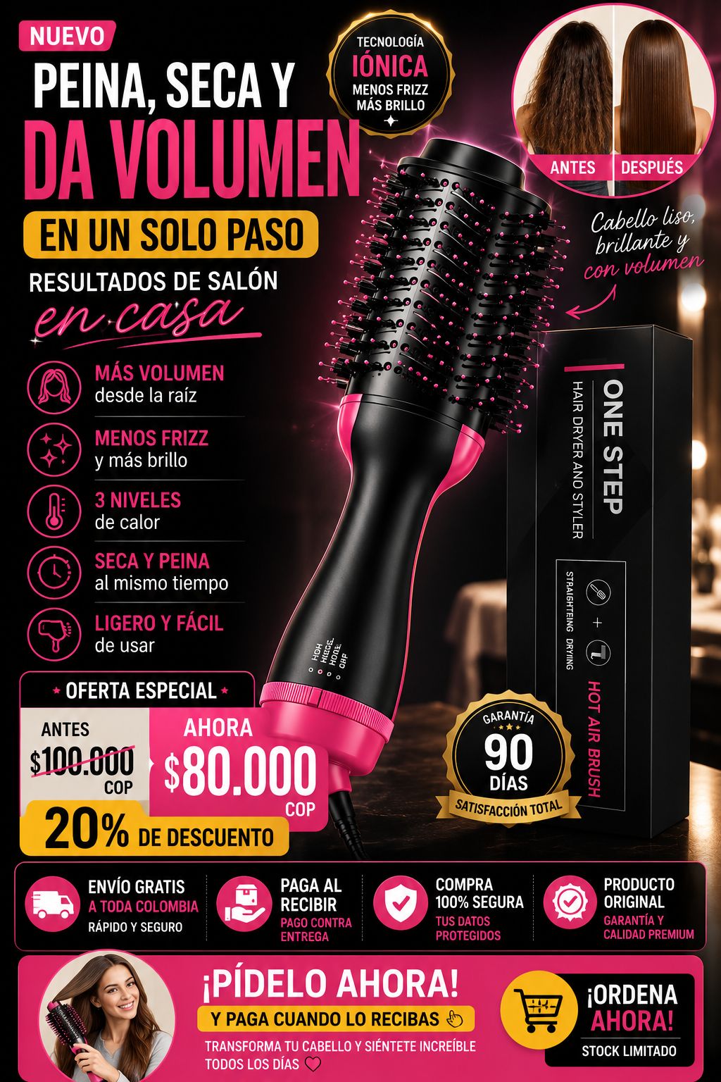 Cepillo Secador Rizador 3 En 1 Electrico
